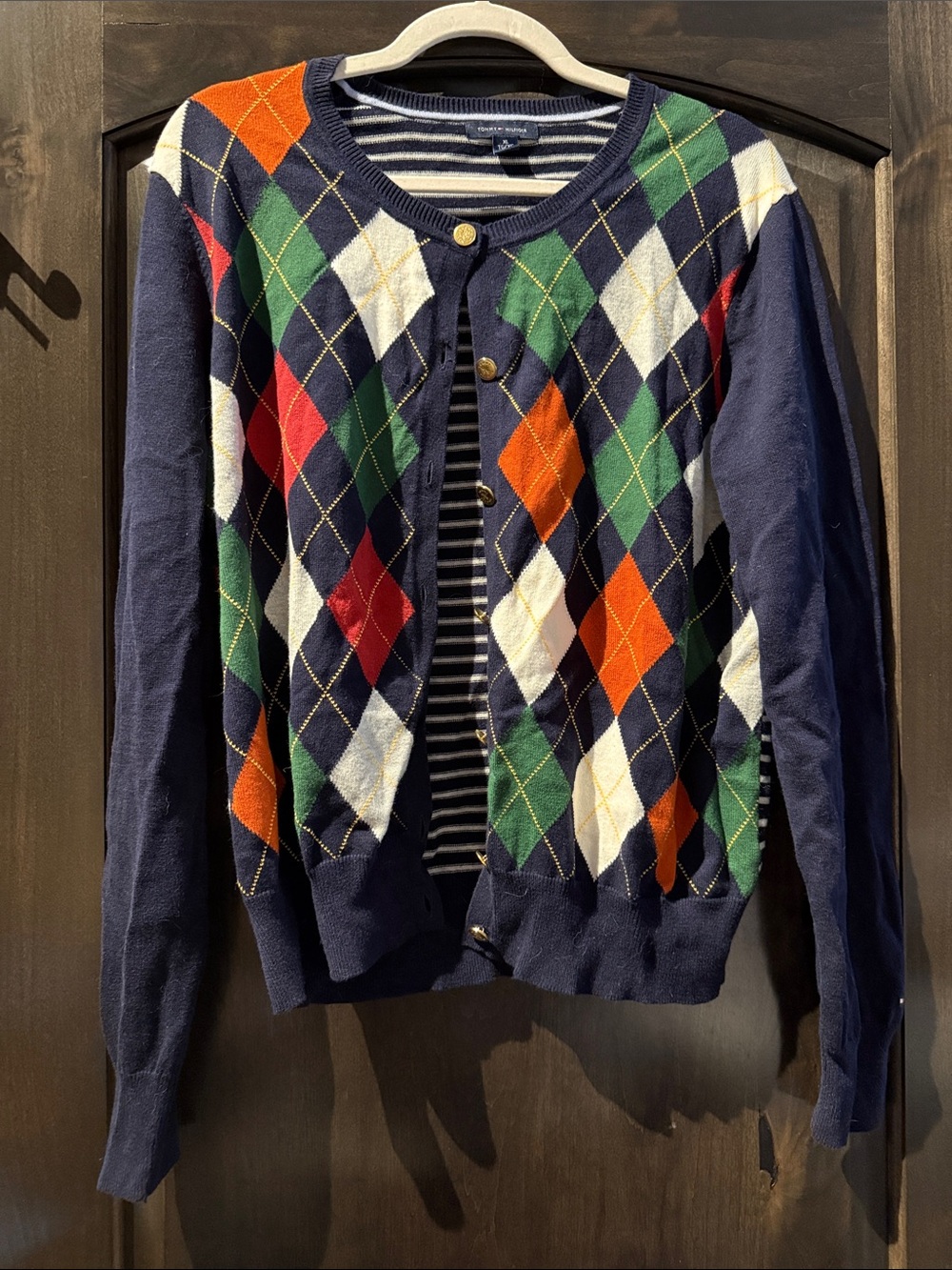 Navy Argyle Button-Front Cardigan with Green & Orange Diamonds